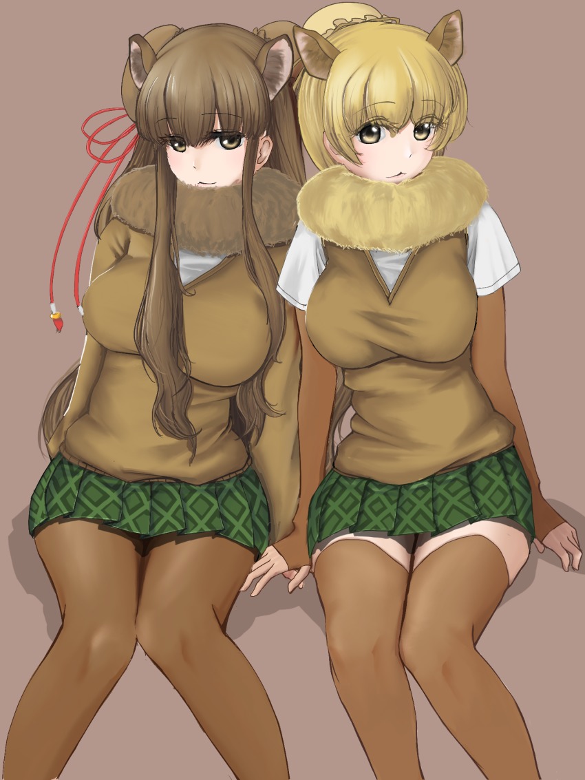 10s 2girls bactrian_camel_(kemono_friends) blonde_hair breasts brown_background brown_eyes brown_hair camel_ears double_bun dromedary_(kemono_friends) dromedary_ears fur_trim hair_and_beard hair_bun highres kemono_friends large_breasts long_hair multiple_girls pantyhose pleated_skirt simple_background single_hair_bun sitting skirt thighhighs wavy_hair yellow_eyes