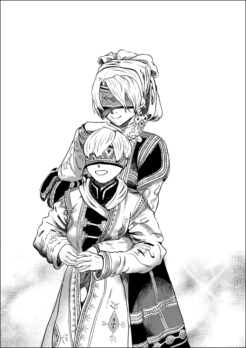 1boy 1girl 2b_(nier:automata) amir_halgal blindfold closed_mouth ear_piercing earrings great-star-mangaka greyscale hat highres jewelry karluk_eihon kazakh_clothes looking_at_another monochrome necklace nier:automata nier_(series) otoyomegatari piercing short_hair smile standing teeth uzbek_clothes