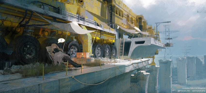 1girl black_boots black_thighhighs blanket boots bridge chair closed_eyes construction coordinates crane_(machine) crate folding_chair grass highres ladder long_hair motor_vehicle original outdoors overcast scenery sky sleeping solo thighhighs ya_yan zzz