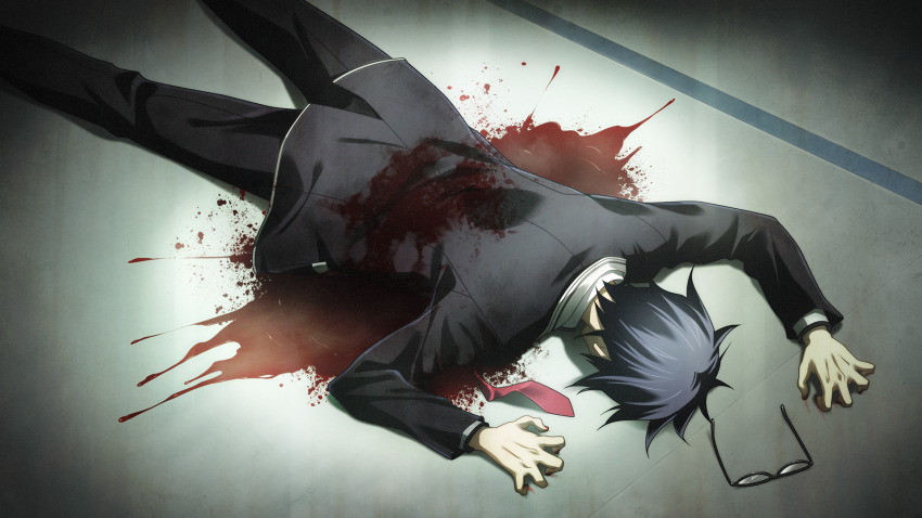 1boy bad_end black_pants bleeding blood blood_on_arm blood_on_clothes blood_on_hands blood_splatter blue_hair chaos;child collared_shirt death dying face_down game_cg glasses hekiho_academy hekiho_academy_school_uniform highres indoors injury jacket long_sleeves lying male_focus messy_hair miyashiro_takuru necktie non-web_source official_art on_stomach pants pool_of_blood red_necktie sasaki_mutsumi school school_uniform shirt short_hair solo unworn_eyewear white_shirt