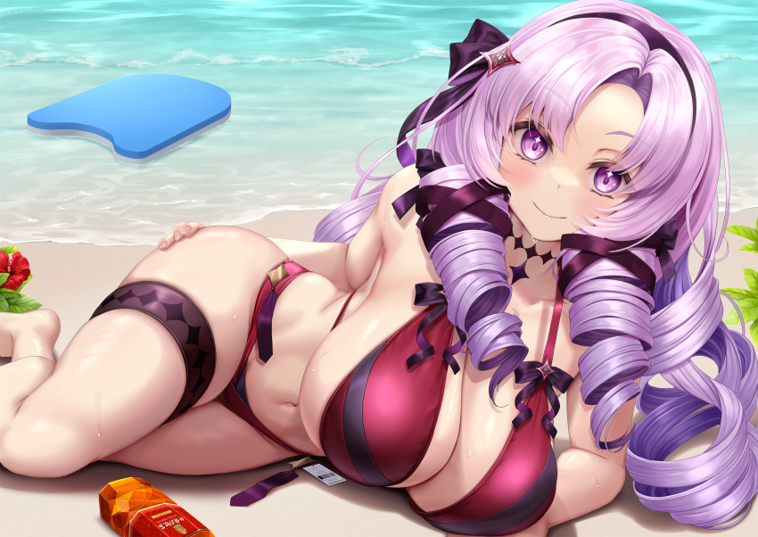 1girl absurdres argyle beach bikini bodyboard bottle breasts closed_mouth drill_hair drill_sidelocks flower hair_ornament hair_ribbon hairband highres hyakumantenbara_salome large_breasts long_hair navel nijisanji purple_eyes purple_hair purple_hairband purple_ribbon red_bikini red_flower ribbon sand sidelocks skindentation smile solo stomach strelka_belca swimsuit tea thigh_strap thighs virtual_youtuber