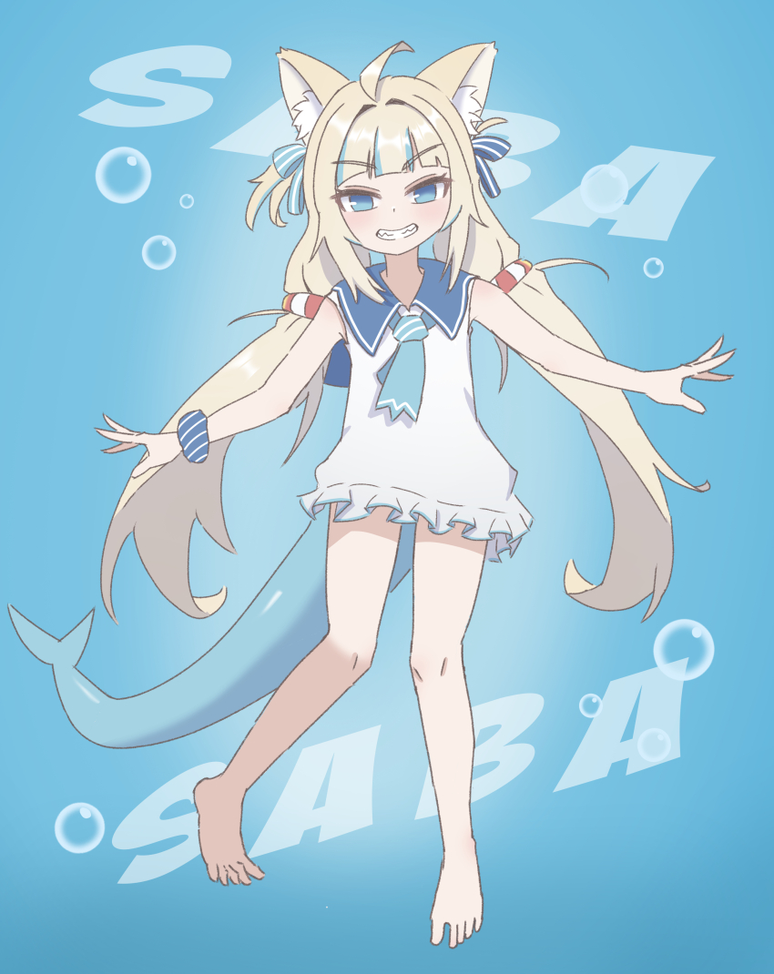 1girl absurdres ahoge air_bubble animal_ear_fluff animal_ears ayo5108 barefoot blonde_hair blue_background blue_eyes blue_sailor_collar blue_streaks bubble cat_ears dress grin highres indie_virtual_youtuber lifebuoy_hair_ornament long_hair looking_at_viewer low_twintails sailor_collar sailor_dress sameko_saba smile solo teeth twintails virtual_youtuber white_dress