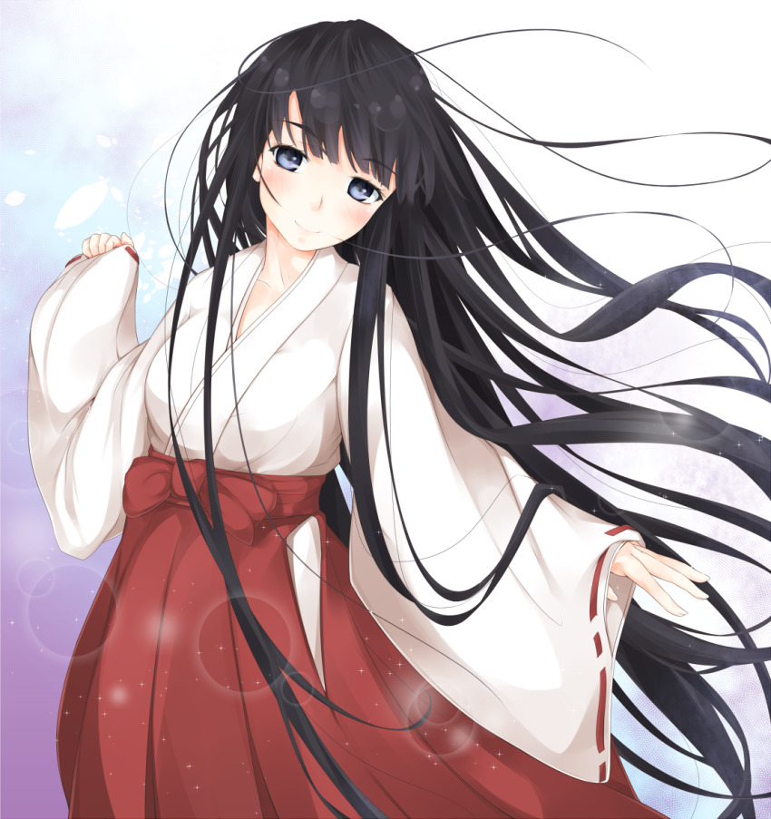 1girl blunt_bangs blush breasts closed_mouth commentary_request cowboy_shot hakama hakama_skirt hand_up head_tilt hime_cut himegami_aisa japanese_clothes kimono long_hair long_sleeves looking_at_viewer medium_breasts miko partial_commentary red_hakama red_skirt shin_(highest1192) sidelocks skirt smile solo toaru_majutsu_no_index toaru_majutsu_no_index:_old_testament very_long_hair white_kimono wide_sleeves
