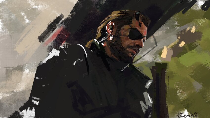 1boy beard commentary eyepatch facial_hair faux_traditional_media hashtag-only_commentary highres horns jay0ni male_focus metal_gear_(series) metal_gear_solid_v:_the_phantom_pain portrait signature single_horn solo venom_snake