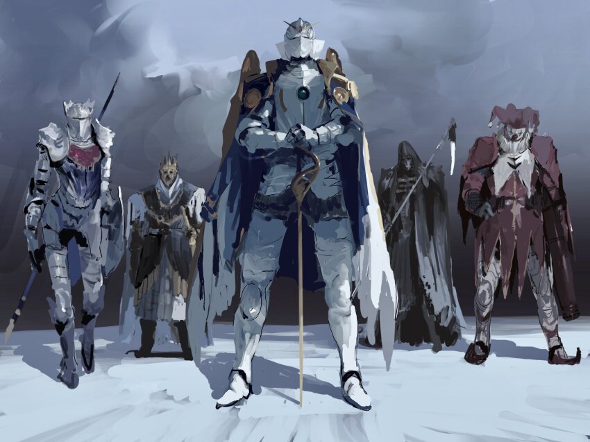 cape clown_mask death_(entity) gundam gundam_deathscythe gundam_heavyarms gundam_sandrock gundam_wing hat highres holding holding_scythe holding_weapon jester_cap mask rintaro_komori scythe shenlong_gundam weapon wing_gundam