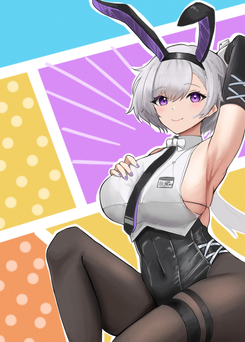 1girl absurdres animal_ears arm_behind_head arm_up armpits azur_lane bare_shoulders black_hairband black_leotard black_necktie black_pantyhose bow bowtie breasts closed_mouth collared_shirt commentary_request earrings elbow_gloves fake_animal_ears gloves grey_hair hair_between_eyes hairband hand_on_own_chest highres jewelry large_breasts leotard leotard_under_clothes long_hair looking_at_viewer low_ponytail name_tag necktie official_alternate_costume pantyhose playboy_bunny ponytail purple_eyes purple_nails rabbit_ears reno_(azur_lane) reno_(reno_bunnino)_(azur_lane) see-through_clothes see-through_shirt shirt sideboob sidelocks single_elbow_glove sitting sleeveless smile solo soul_(dp11) stud_earrings thigh_strap white_bow white_bowtie wrist_cuffs