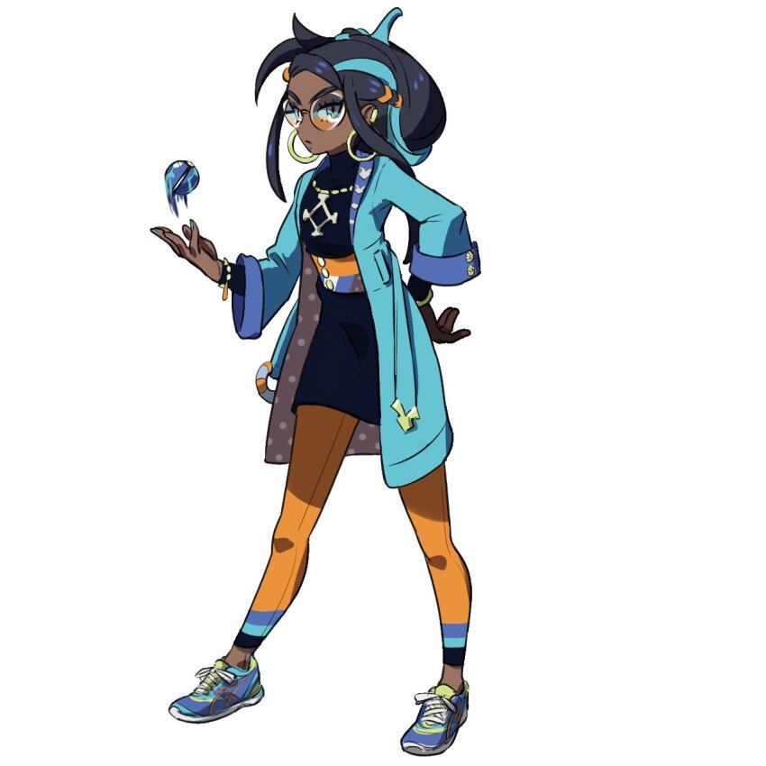 1girl alternate_costume bespectacled black_dress black_hair closed_mouth coat commentary dark-skinned_female dark_skin dive_ball dress earclip earrings full_body glasses go-lurk hand_on_own_hip highres hoop_earrings jewelry leggings long_hair motion_blur multicolored_hair nessa_(pokemon) nintendo open_clothes open_coat poke_ball pokemon pokemon_swsh shoes simple_background sneakers solo standing two-tone_hair white_background