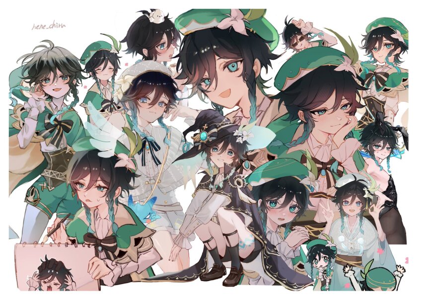 1boy alternate_costume animal_ears aqua_hair aqua_kimono artist_name beret black_cape black_corset black_hair black_hat black_shoes braid cape capelet cecilia_flower_(genshin_impact) corset fake_animal_ears flower genshin_impact gradient_hair green_capelet green_hat green_shorts hair_flower hair_ornament hat highres japanese_clothes kimono leotard long_sleeves multicolored_hair nene_chiru obi painting_(action) pantyhose playboy_bunny rabbit_ears sash shirt shoes short_hair shorts side_braids simple_background squatting sunglasses twin_braids venti_(genshin_impact) vision_(genshin_impact) white_background white_flower white_hat white_pantyhose white_shirt white_shorts witch_hat