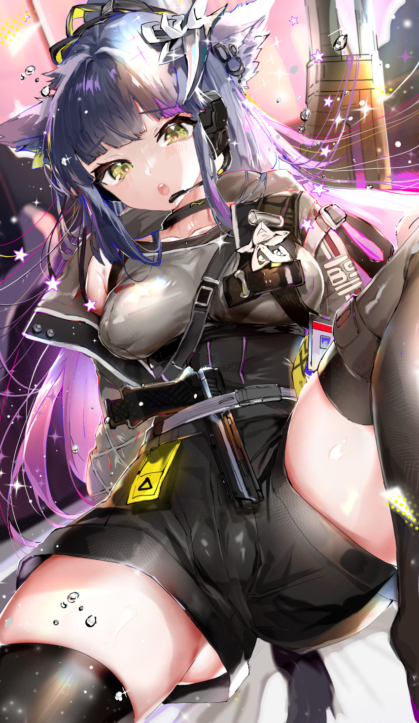 1girl absurdres animal_ears arknights black_hair black_jacket black_shirt black_shorts breasts cat_ears cat_girl collarbone green_eyes gun hair_ornament headset highres jacket jessica_(arknights) jessica_the_liberated_(arknights) large_breasts long_hair looking_at_viewer official_alternate_costume open_mouth shirt short_shorts shorts sleeveless sleeveless_shirt solo spread_legs tekona0 thighhighs weapon