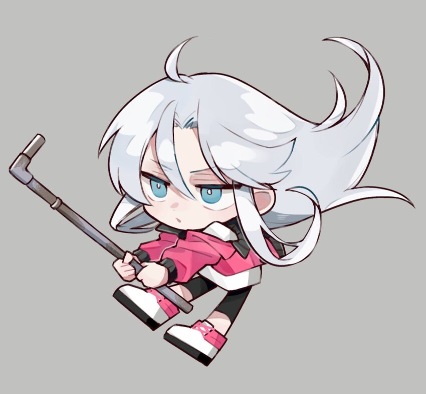 1girl ahoge aqua_eyes attack black_leggings bright_pupils chibi chibi_only crowbar full_body grey_background grey_hair hair_between_eyes holding holding_crowbar holding_weapon jacket jitome leggings long_hair long_sleeves looking_ahead midair multicolored_shoes original osr_00_osr parted_lips pink_jacket pink_shoes shoes side_part sidelocks simple_background two-handed two-tone_shoes weapon white_pupils white_shoes wind