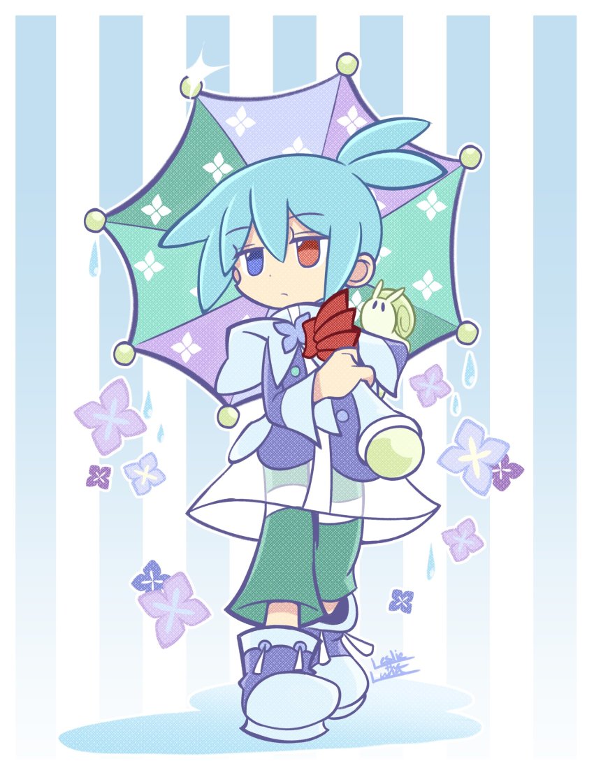 1boy absurdres artist_name blue_eyes blue_hair closed_mouth expressionless heterochromia highres holding holding_umbrella leslietheluna long_sleeves looking_away puyopuyo puyopuyo_quest raincoat red_eyes shoes short_hair sig_(puyopuyo) snail sneakers solo umbrella