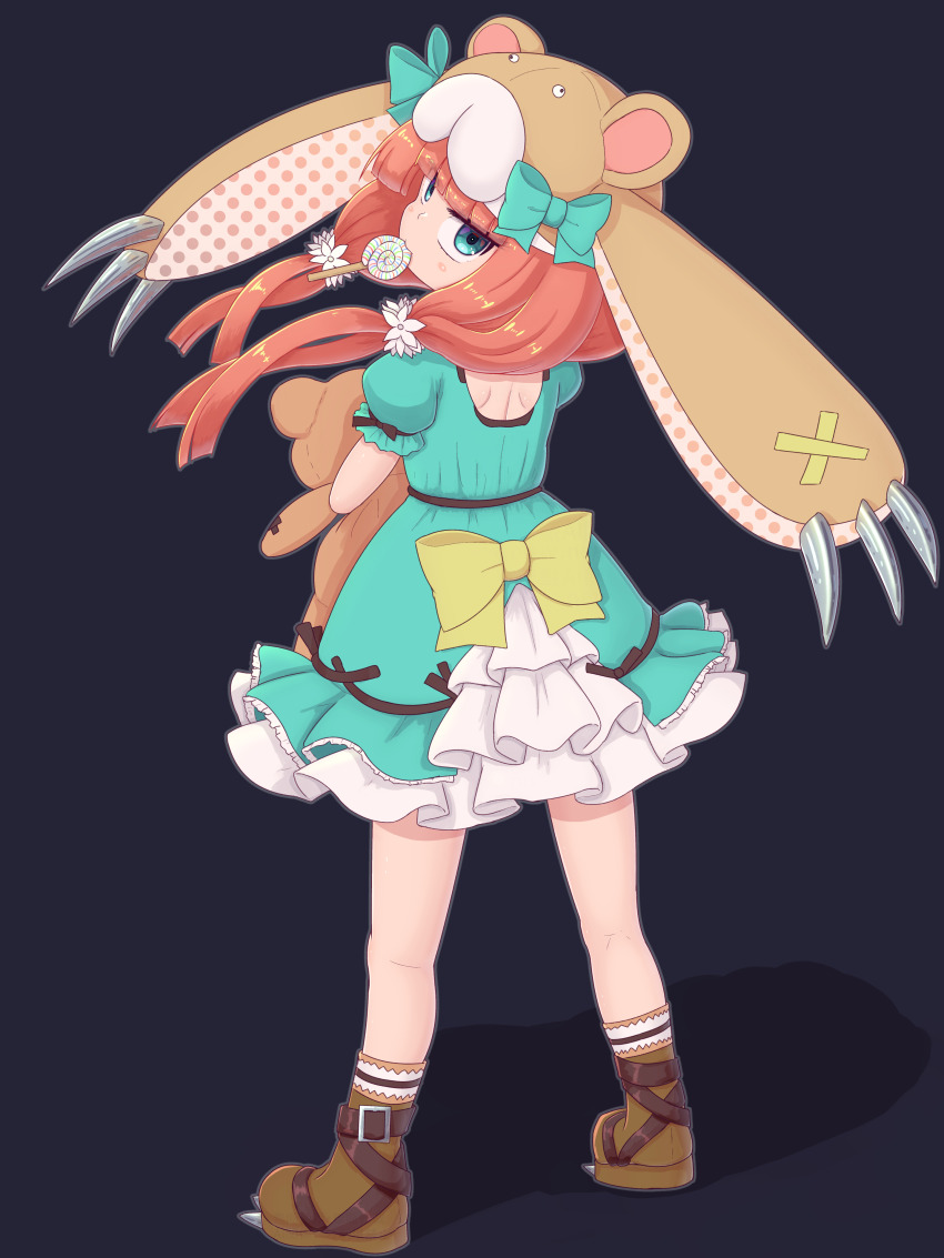 1girl absurdres animal_hood bear_alma black_background blue_eyes boots bow brown_boots brown_hair candy dress emil_chronicle_online flower_ornament food frilled_dress frills green_dress green_ribbon hair_bow hair_ribbon highres holding holding_stuffed_toy hood looking_back mouth_hold ribbon rna0 socks stuffed_toy