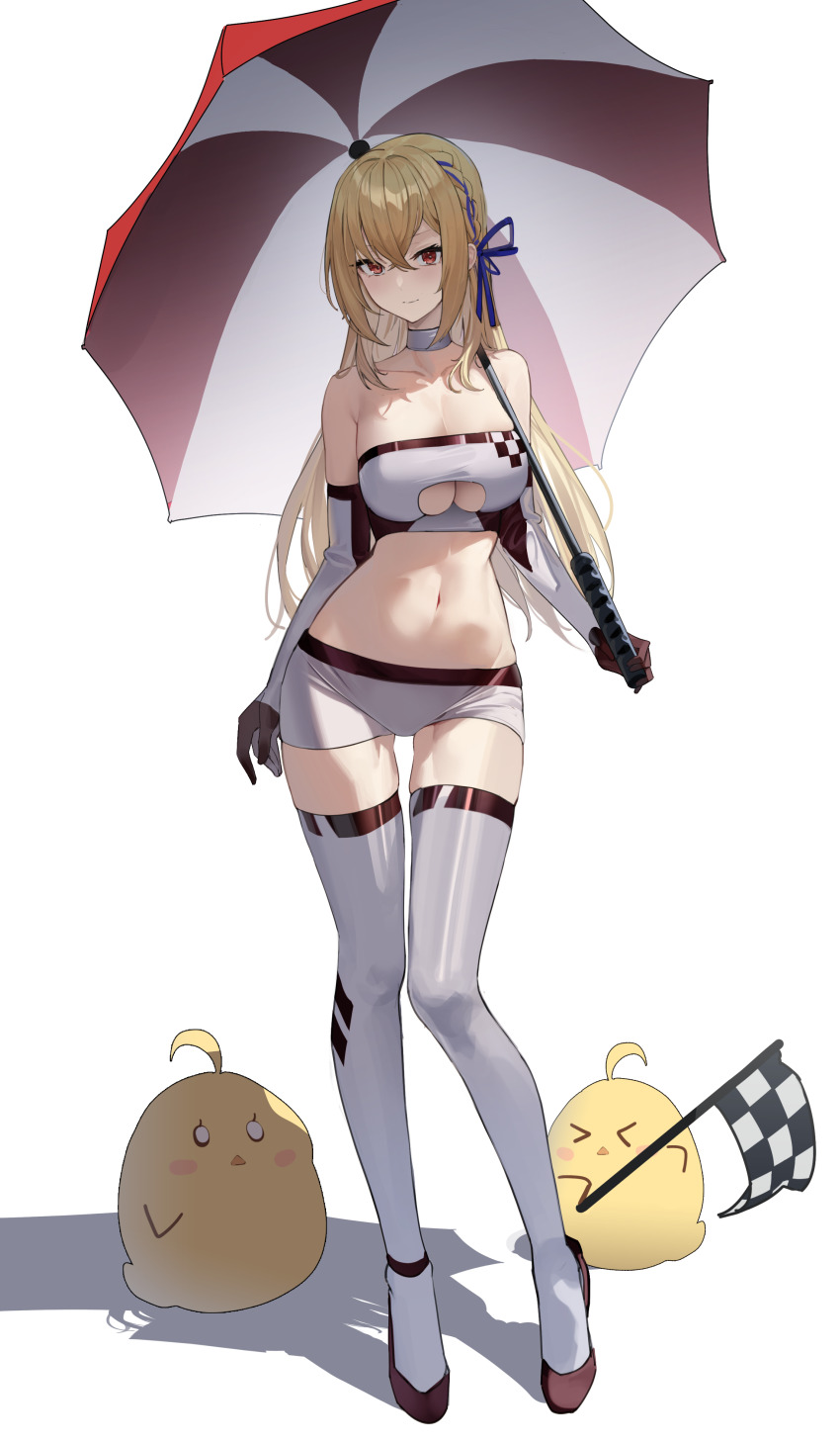 1girl absurdres alternate_costume azur_lane bare_shoulders blonde_hair blue_hair blue_ribbon breasts brown_gloves checkered_flag choker cleavage closed_mouth collarbone commentary_request commission elbow_gloves flag full_body gloves hair_between_eyes hair_ribbon highres holding holding_umbrella king_george_v_(azur_lane) large_breasts long_hair looking_at_viewer maanu manjuu_(azur_lane) midriff miniskirt multicolored_hair navel pixiv_commission race_queen red_eyes ribbon simple_background skirt smile standing thighhighs thighs two-tone_gloves two-tone_hair umbrella white_background white_choker white_gloves white_skirt white_thighhighs