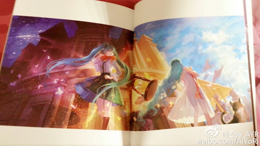 ask_(askzy) blue_hair blue_sky bug building butterfly curly_hair dress flag green_hair hatsune_miku highres hourglass insect long_hair multiple_girls photo_(medium) sky third-party_source vocaloid white_dress white_flag