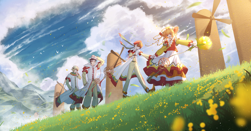 1girl 3boys absurdres baggy_pants belt bird_wings black_eyes black_hair blue_sky blurry blurry_foreground cloud cloudy_sky coat day dress eyepatch fai_d._flowright falling_leaves floating_clothes flower full_body grass grey_hair grey_pants hand_in_pocket hand_on_own_head hand_up highres hill holding holding_flower kurogane_(tsubasa_chronicle) landscape layered_dress leaf long_hair long_sleeves looking_at_viewer mountain multicolored_dress multiple_boys nature orange_hair outdoors pants pointy_footwear red_dress red_shirt sakura_hime scenery shirt short_hair sky so_tsubasa tsubasa_chronicle tunic walking white_coat white_dress white_tunic wind windmill wings xiaolang yellow_flower