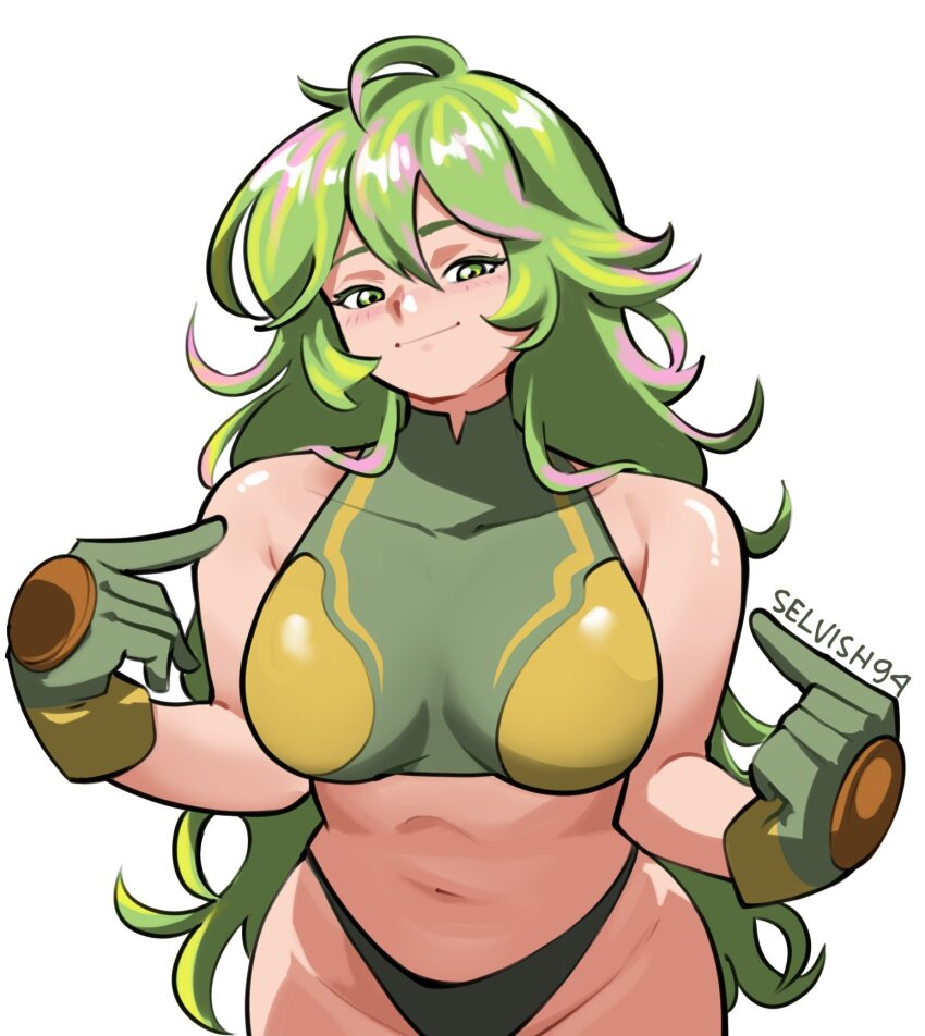 1girl artist_name bikini boku_no_hero_academia breasts closed_mouth commentary english_commentary gloves green_bikini green_eyes green_gloves green_hair hagakure_toru highres large_breasts long_hair looking_at_viewer multicolored_hair navel pink_hair pointing pointing_at_self selvish94 simple_background solo swimsuit unusually_visible white_background