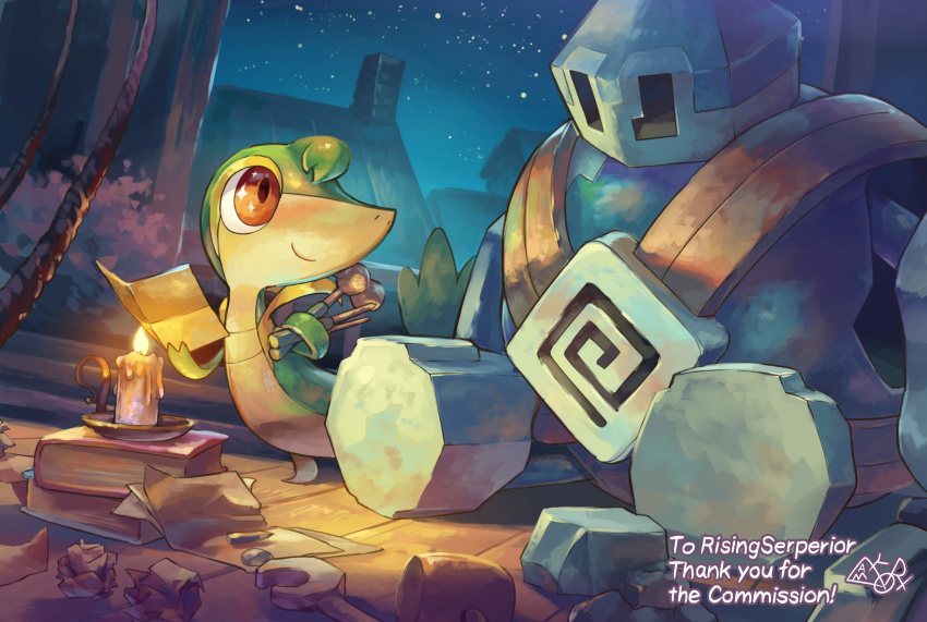 animal_focus blue_skin book colored_skin english_text gen_5_pokemon golett green_skin highres holding holding_book indoors multicolored_skin nintendo no_humans open_book pokemon pokemon_(creature) sitting snivy standing table tools two-tone_skin yamaori_(hakkentai_pokedan)