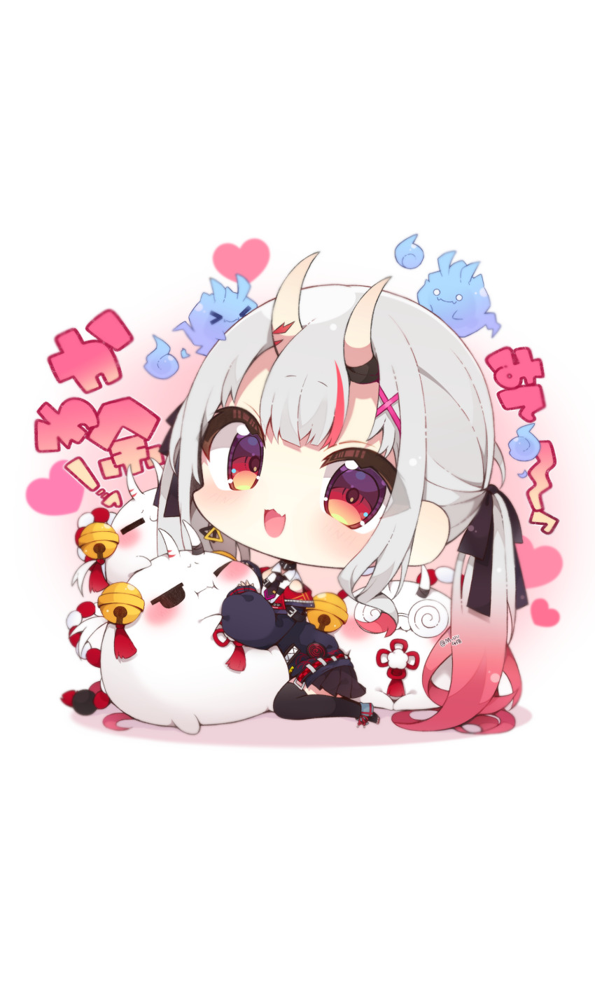 :d absurdres black_boots black_bow black_jacket black_thighhighs boots bow chibi collared_shirt commentary_request fang fold-over_boots gradient_hair grey_hair hair_bow hair_ornament highres hololive horns jacket karma_(nakiri_ayame) long_hair long_sleeves looking_at_viewer multicolored_hair muuran nakiri_ayame nakiri_ayame_(streetwear) oni open_clothes open_jacket open_mouth poyoyo_(nakiri_ayame) puffy_long_sleeves puffy_sleeves red_eyes red_hair shiranui_(nakiri_ayame) shirt sitting sleeveless sleeveless_shirt sleeves_past_wrists smile solo streaked_hair thighhighs thighhighs_under_boots translation_request very_long_hair virtual_youtuber wariza white_background white_shirt x_hair_ornament