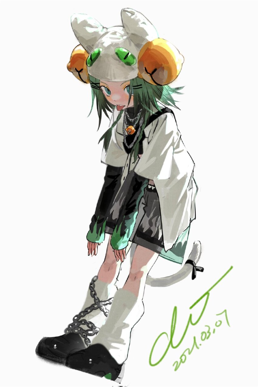 1girl bell black_footwear blue_eyes chain dated dejiko di_gi_charat full_body green_hair hair_ornament hairclip highres jewelry jingle_bell kneehighs long_sleeves necklace simple_background sleeves_past_wrists socks solo tail tail_ornament tongue tongue_out white_background white_socks xiao_chichi