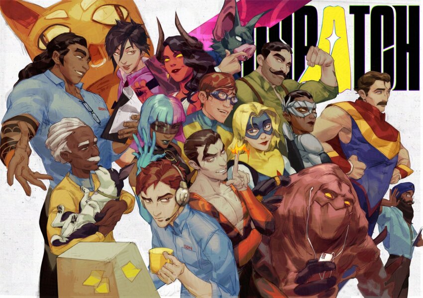 5girls 6+boys animal_ears arm_tattoo bat_boy bat_ears beard beef_(dispatch) black_hair blonde_blazer blonde_hair blue_suit blue_turban brown_hair chase_(dispatch) colored_skin commentary copyright_name coupe_(dispatch) cup dark-skinned_female dark-skinned_male dark_skin demon_girl demon_horns dispatch dog earphones english_commentary facial_hair flambae_(dispatch) flexing formal_clothes galen_(dispatch) goggles golem_(dispatch) hands_on_own_hips headset highres holding holding_cup holding_sword holding_weapon horns invisigal_(dispatch) kilgaaaaaarra looking_at_another looking_to_the_side malevola_(dispatch) monitor mr_whiskey_(dispatch) multicolored_hair multiple_boys multiple_girls mustache over_shoulder ponytail prism_(dispatch) punch_up_(dispatch) red_skin robert_robertson royd_(dispatch) sonar_(dispatch) sticky_note suit superhero_costume sweater sword sword_over_shoulder tattoo tsuru-chan_(taishi) waterboy_(dispatch) weapon weapon_over_shoulder white_background white_hair yellow_sweater