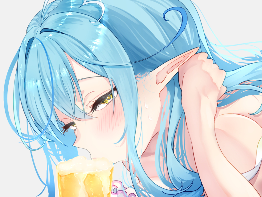 1girl ahoge alcohol beer blue_hair close-up commentary_request drinking fellatio froth half-closed_eyes heart heart_ahoge highres hololive light_blush long_hair looking_at_viewer oral overflowing pointy_ears sexually_suggestive shiki_olie simple_background simulated_fellatio solo spilling suggestive_fluid tucking_hair virtual_youtuber white_background yellow_eyes yukihana_lamy