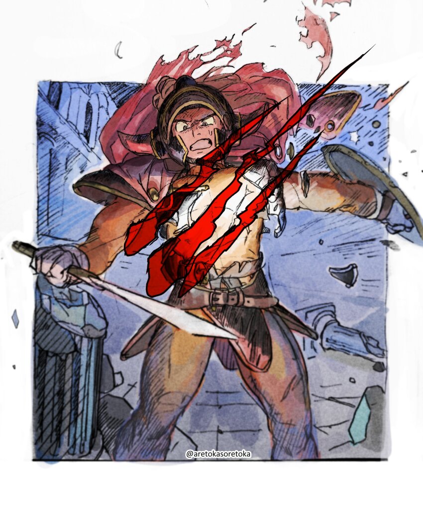 1boy absurdres aretokasoretoka arm_shield armor black_eyes bodysuit broken_armor broken_pillar cape clenched_teeth commentary dragon_quest dragon_quest_i fake_horns gloves helmet hero_(dq1) highres holding holding_sword holding_weapon horned_helmet horns looking_down male_focus muscular muscular_male orange_bodysuit red_cape solo sweatdrop sword symbol-only_commentary teeth torn_cape torn_clothes twitter_username weapon white_gloves