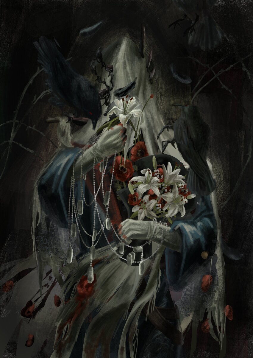 1boy absurdres animal animal_on_shoulder bird bird_on_shoulder black_bird black_coat blue_background charon_(reverse:1999) coat covered_face crow dog_tags flower gloves hand_up highres holding holding_dog_tags holding_flower lily_(flower) male_focus monokuro_13 poppy_(flower) red_flower reverse:1999 solo upper_body veil white_flower white_gloves white_veil