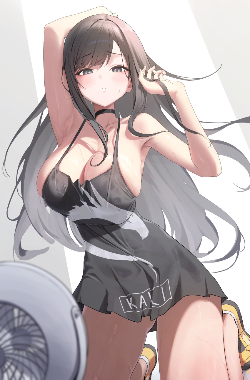 1girl absurdres arms_up black_choker black_dress black_eyes black_hair blush breasts choker cleavage dress embarrassed gluteal_fold highres indoors kali_linux kneeling large_breasts linux long_hair looking_at_viewer open_mouth orange_shoes personification playing_with_hair rkin shoes sneakers solo sweat tux