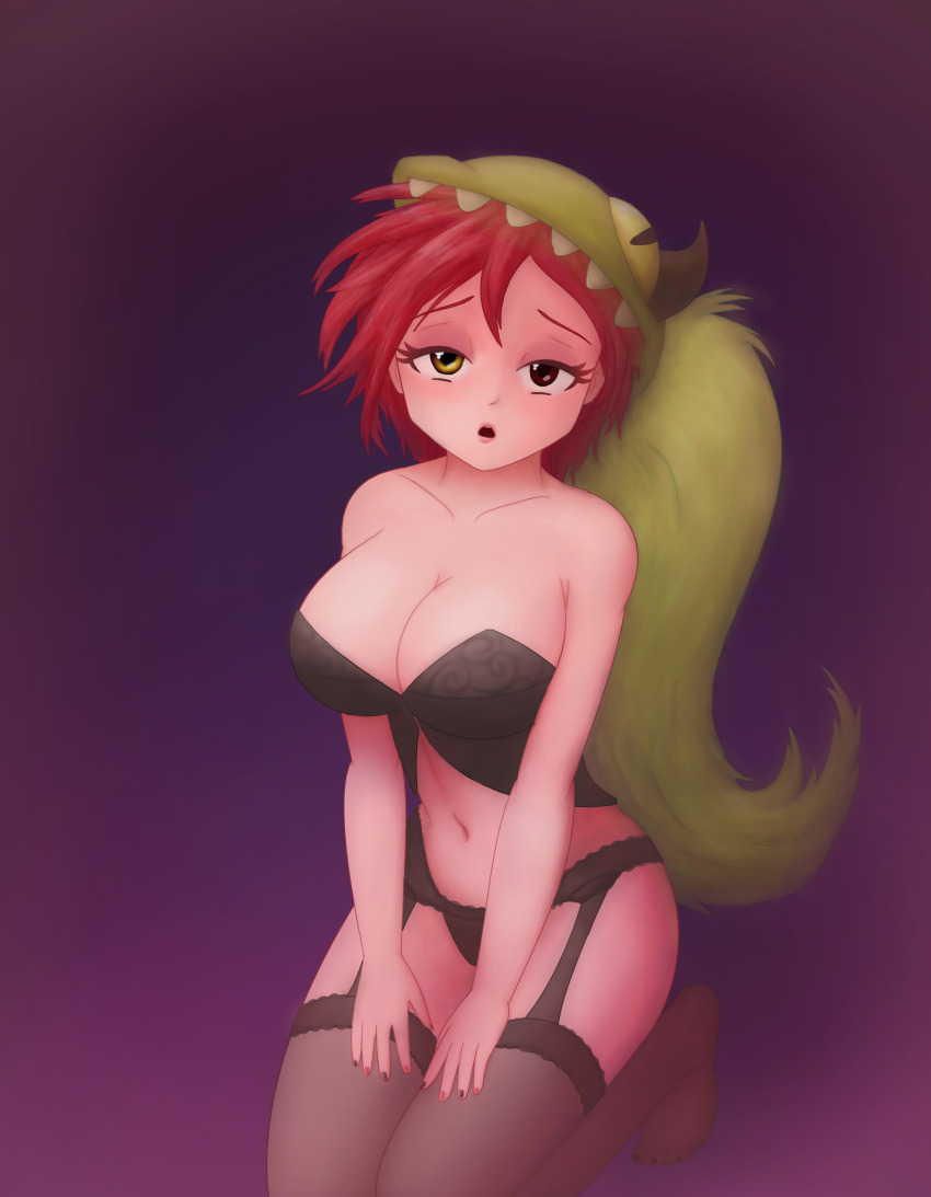 1girl :o abstract_background absurdres animal_hood asymmetrical_clothes bare_shoulders bent_over black_lingerie black_nails breasts cartoon_network cleavage defeated_expression demencia female_focus green_hair half-closed_eyes hands_on_thighs heterochromia highres hood kneeling large_breasts lingerie long_hair open_mouth pale_skin pink_nails purple_background red_eyes red_hair saf-404 seductive_smile short_hair smile solo thighhighs underwear very_long_hair villainous yellow_eyes