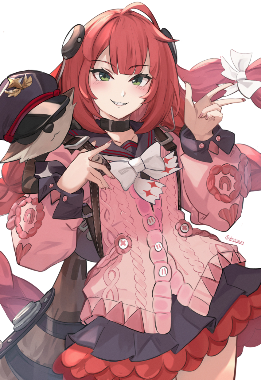 1girl ahoge artist_name black_serafuku blush cardigan cowboy_shot daweykun green_eyes grin highres long_hair looking_at_viewer pink_cardigan raccoon red_hair school_uniform serafuku simple_background smile solo twintails twitter_username ukinami_yuzuha w white_background zenless_zone_zero