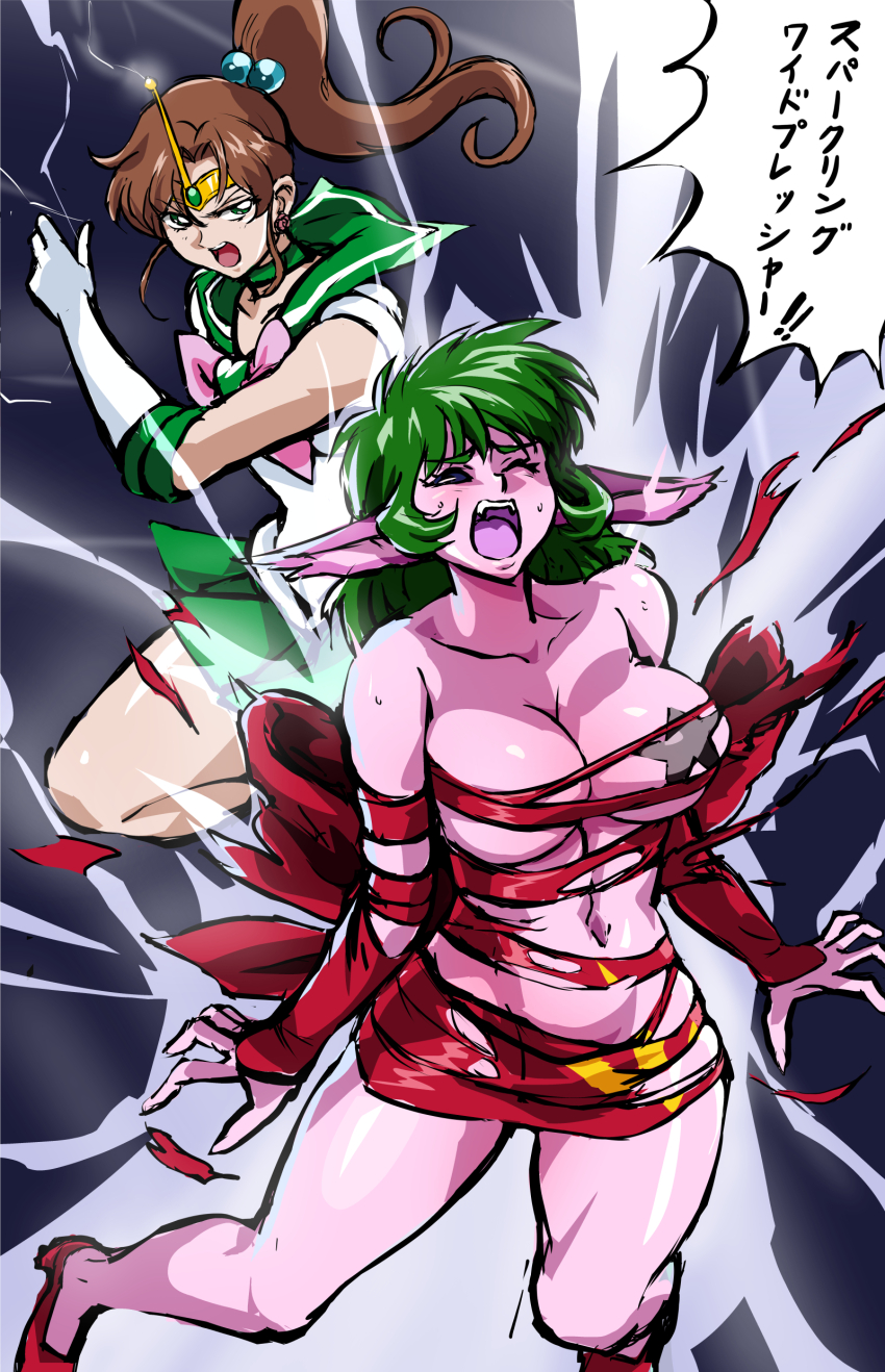 ! !! 2girls absurdres bare_legs bishoujo_senshi_sailor_moon bishoujo_senshi_sailor_moon_s breasts brown_hair cleavage colored_skin curvy daimon_(sailor_moon) demon_girl dress electricity fangs fighting gloves green_eyes green_hair highres injury kino_makoto large_breasts long_hair mamesi_(suhk8583) miniskirt moaning multiple_girls navel pasties pink_skin pointy_ears ponytail red_dress ryona sailor_jupiter sailor_senshi_uniform scar_(sailor_moon) shiny_clothes shiny_skin short_dress skirt small_breasts star_(symbol) star_pasties sweat torn_clothes torn_dress translation_request undressing wide_hips