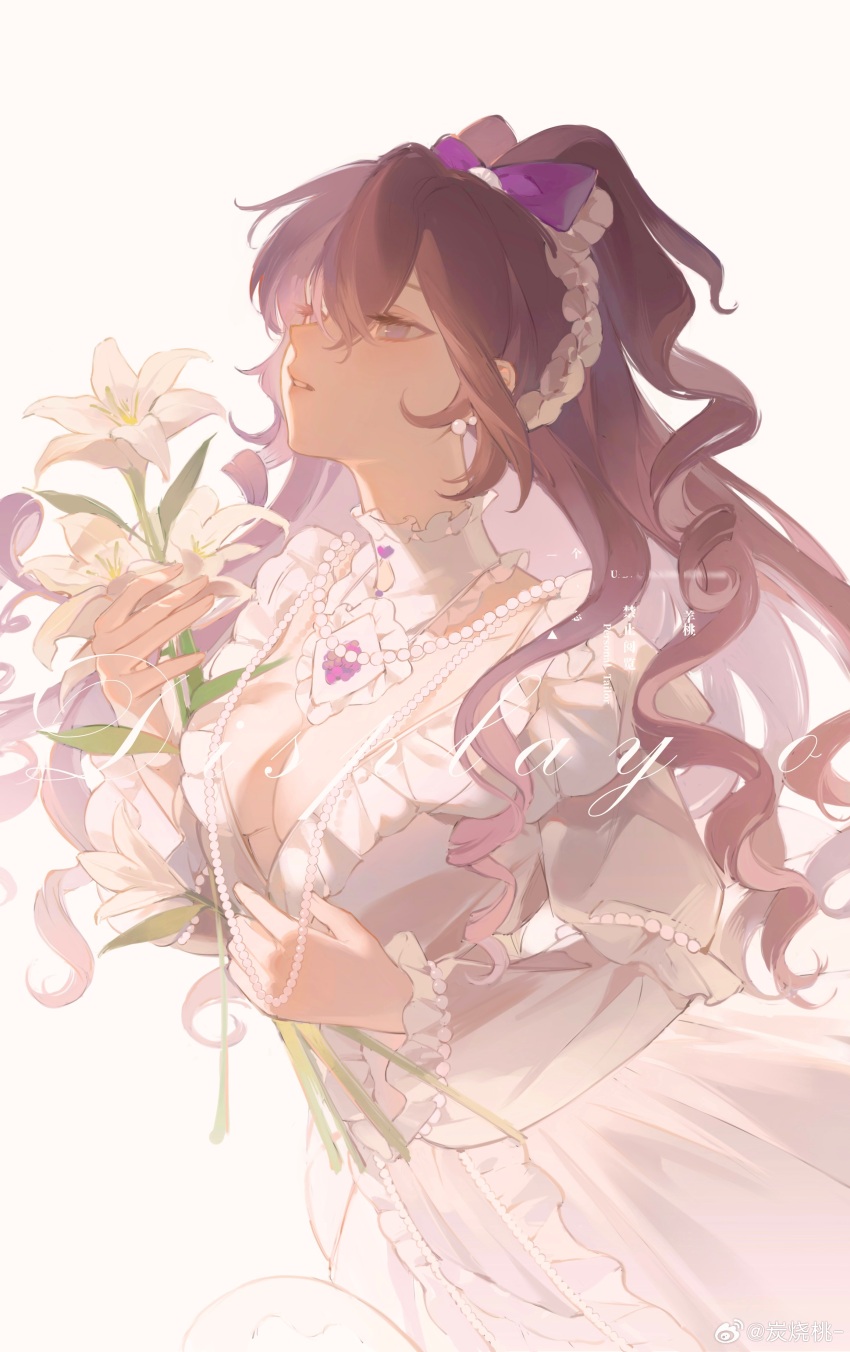 1girl absurdres bow breasts brown_hair cleavage dress flower frills hair_between_eyes hair_bow highres holding holding_flower ichinose_shiki jewelry lamblab0824 lily_(flower) long_hair long_sleeves medium_breasts necklace original parted_lips pearl_necklace simple_background solo wavy_hair white_background white_dress white_flower