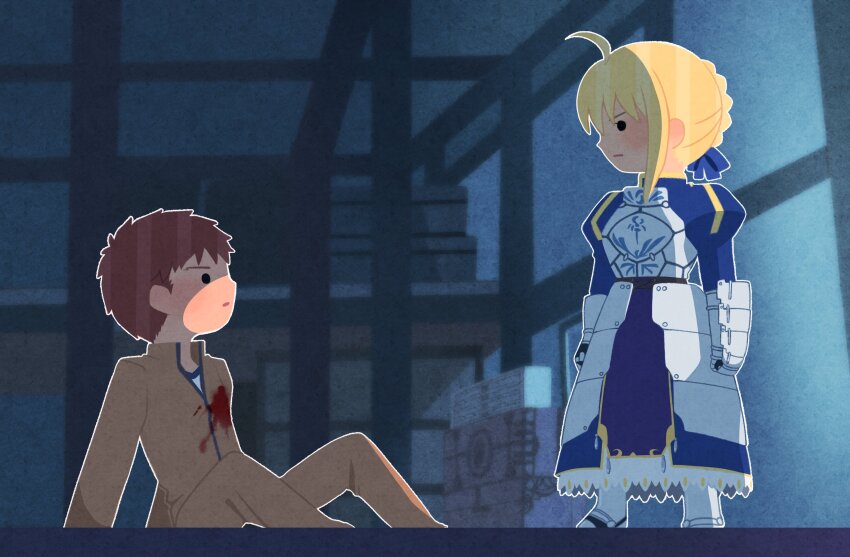 1boy 1girl ahoge are_you_my_master armor armored_dress artoria_pendragon_(fate) blonde_hair blood blood_stain blue_ribbon blush brown_hair dress emiya_shirou fate/stay_night fate_(series) full_body gakuran gauntlets greaves hair_ribbon highres homurabara_academy_school_uniform indoors irasutoya looking_at_another night parody ribbon saber_(fate) school_uniform sidelocks sitting standing style_parody tsubuta_hiro
