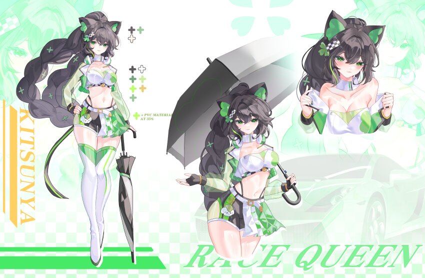 1girl absurdres animal_ears bandeau bare_shoulders black_gloves black_hair black_shorts boots braid breasts cat_ears cat_tail choker cleavage closed_mouth collarbone commentary crop_top cropped_jacket cropped_legs cropped_torso english_commentary fingerless_gloves full_body gloves green_eyes green_jacket hair_ornament hand_on_own_hip headphones headphones_around_neck highleg highres hiranmayi holding holding_umbrella indie_virtual_youtuber jacket kitsunya_(vtuber) large_breasts long_hair long_sleeves looking_at_viewer midriff multiple_views navel official_art open_clothes open_jacket panty_straps race_queen reference_sheet second-party_source see-through_clothes see-through_jacket see-through_sleeves shorts skort solo stomach strapless tail thigh_boots thighhighs thighs tube_top twin_braids umbrella undressing very_long_hair virtual_youtuber white_bandeau white_choker white_thighhighs