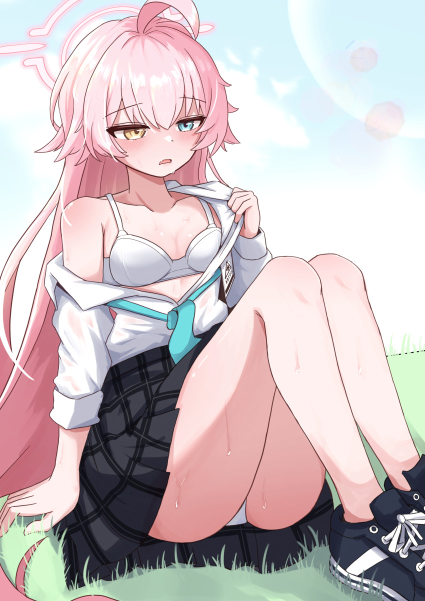 1girl absurdres ahoge arm_at_side black_shoes black_skirt blue_archive blue_eyes blue_necktie blush bra breasts chilong_(heronas) collarbone collared_shirt commentary_request d: day fang foot_out_of_frame frown halo hand_up heterochromia highres hoshino_(blue_archive) hot id_card jitome knees_up korean_commentary legs long_hair long_sleeves looking_ahead miniskirt necktie on_grass open_clothes open_mouth open_shirt outdoors pink_hair pink_halo plaid_clothes plaid_skirt pleated_skirt school_uniform see-through_clothes see-through_shirt shirt shoes simple_background single_bare_shoulder sitting skin_fang skirt small_breasts sneakers solo straight_hair sweat thighs underwear undressing very_long_hair white_bra white_shirt yellow_eyes