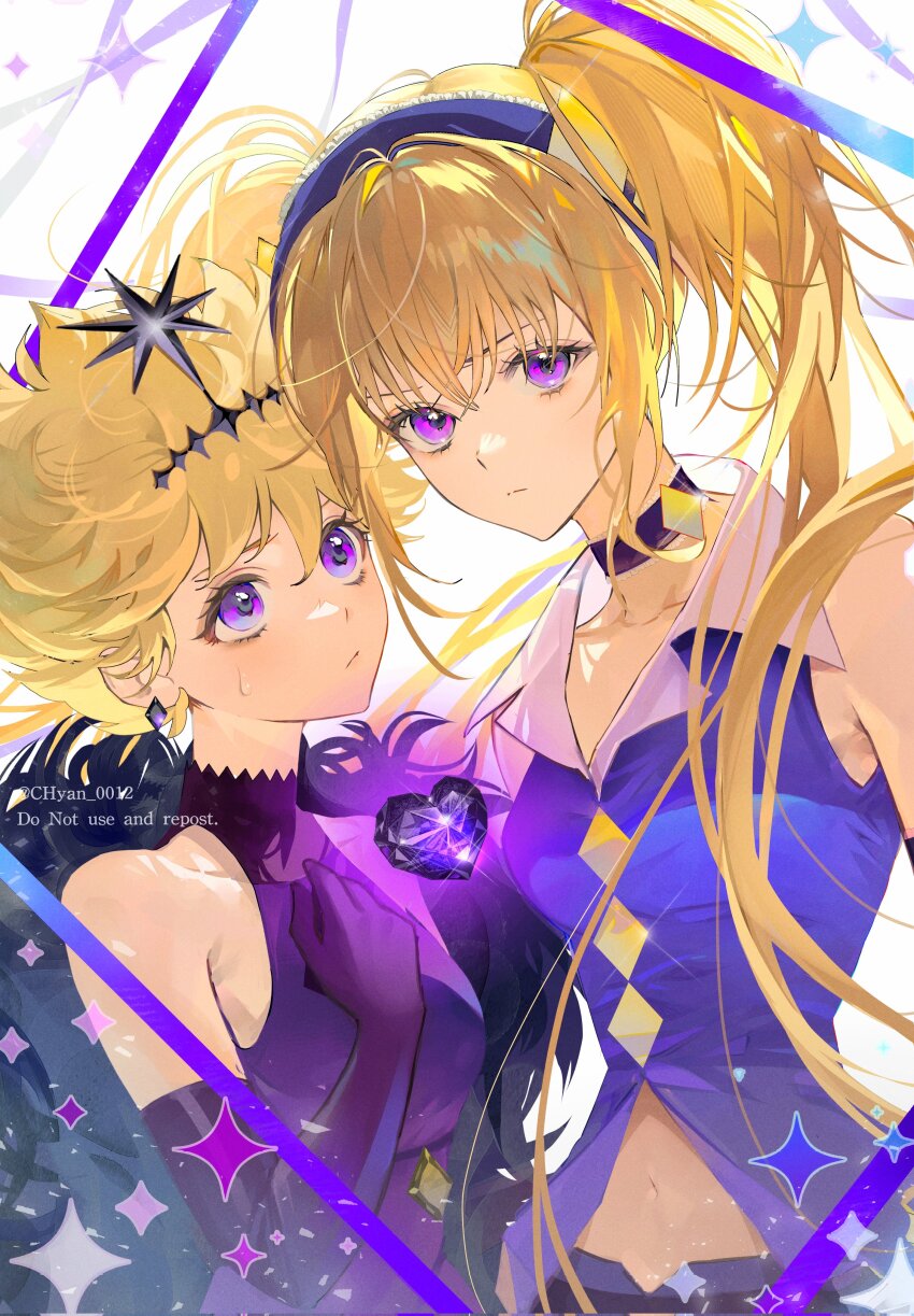 2girls absurdres blonde_hair choker chyan_0012 collar commentary_request dark_jewel dress dutch_angle earrings elbow_gloves gloves hairband halterneck heart highres hoshina_utau jewelry korean_commentary looking_at_viewer magical_girl multiple_girls navel purple_dress purple_eyes short_hair shugo_chara! sidelocks sleeveless sleeveless_dress sparkle sugar_sugar_rune turtleneck twintails upper_body vanilla_mieux