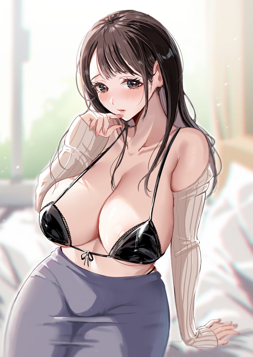 1girl absurdres arm_support bare_shoulders bed_sheet bikini black_bikini blurry blurry_background blush breasts brown_eyes brown_hair cleavage commentary_request curtains detached_sleeves enma_daio finger_to_own_chin front-tie_bikini_top front-tie_top grey_skirt hair_over_shoulder highres large_breasts long_hair long_skirt looking_at_viewer original ribbed_sleeves sitting skirt solo swimsuit window