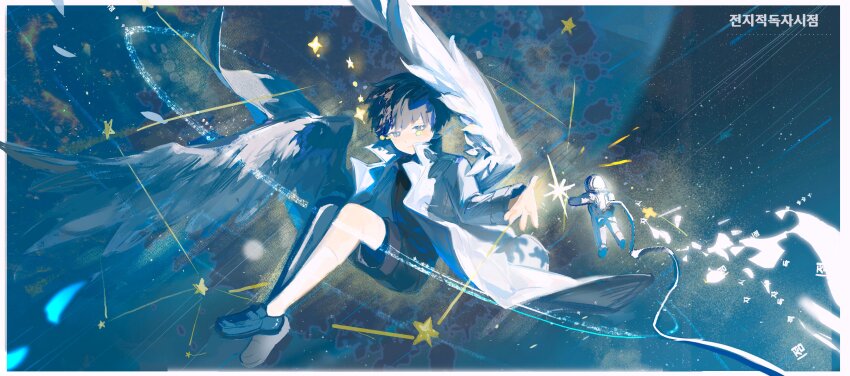 1boy absurdres astronaut black_eyes black_hair black_shoes black_shorts blue_theme border coat constellation drop_shadow feathered_wings full_body glint glowing haze highres lantercat looking_at_another meteor_shower mini_person oldest_dream omniscient_reader&#039;s_viewpoint orbital_path outstretched_hand planet popped_collar reaching reaching_towards_another shadow shoes short_hair shorts sky solo space sparkle star_(sky) star_(symbol) starry_sky tether white_border white_coat white_wings wings