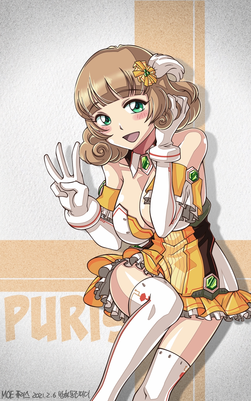 absurdres anniversary artist_name banghwadongjopidi bare_shoulders blunt_bangs blush_stickers breasts brown_hair character_name cleavage commentary_request copyright_name dated detached_collar dress elbow_gloves english_text flower gem gloves green_brooch green_eyes green_gemstone hair_flower hair_ornament hand_in_own_hair highres knee_up korean_commentary large_breasts looking_at_viewer master_of_eternity open_mouth partial_commentary puris_(master_of_eternity) short_dress short_hair smile strapless strapless_dress thighhighs w white_dress white_gloves white_thighhighs yellow_dress yellow_flower