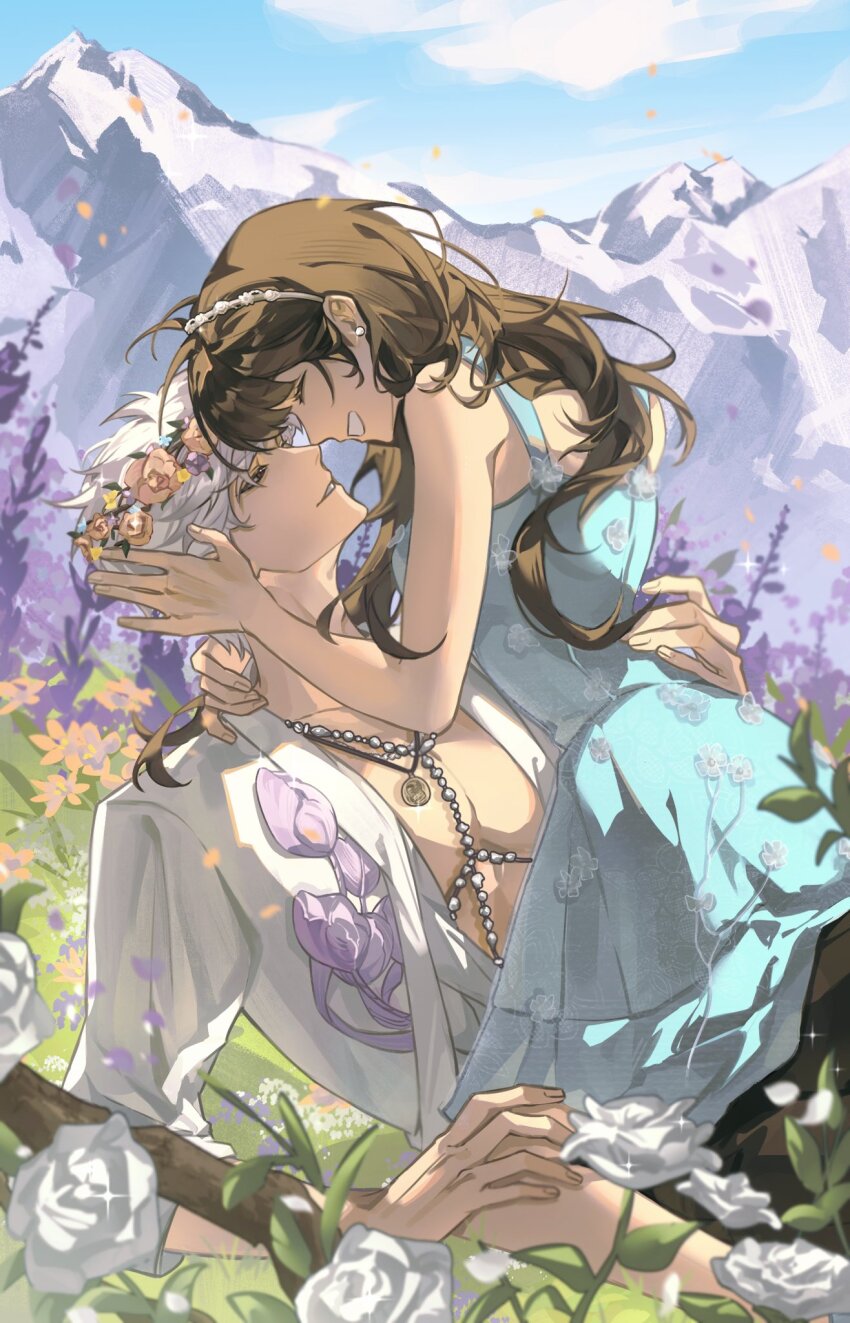 1boy 1girl aqua_dress arm_around_neck bare_arms bare_shoulders black_pants breasts brown_hair closed_eyes couple dress earrings field flower flower_field flower_hairband grey_hair half-closed_eyes hand_in_another&#039;s_hair head_wreath hetero highres jewelry long_hair love_and_deepspace medium_breasts mountain necklace open_clothes open_shirt pants parted_lips protagonist_(love_and_deepspace) purple_flower rose shirt short_hair sleeveless sleeveless_dress smile sundress sylus_(love_and_deepspace) teeth white_flower white_rose white_shirt yellow_flower yibai0419