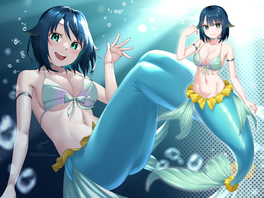 1girl :d air_bubble awono_nanaumi bikini blue_hair breasts bubble cleavage collarbone commentary_request fukami_nana_(awono_nanaumi) full_body green_eyes hair_flaps highres large_breasts looking_at_viewer mermaid monster_girl multiple_views navel open_mouth original short_hair smile swimsuit teeth underwater upper_teeth_only