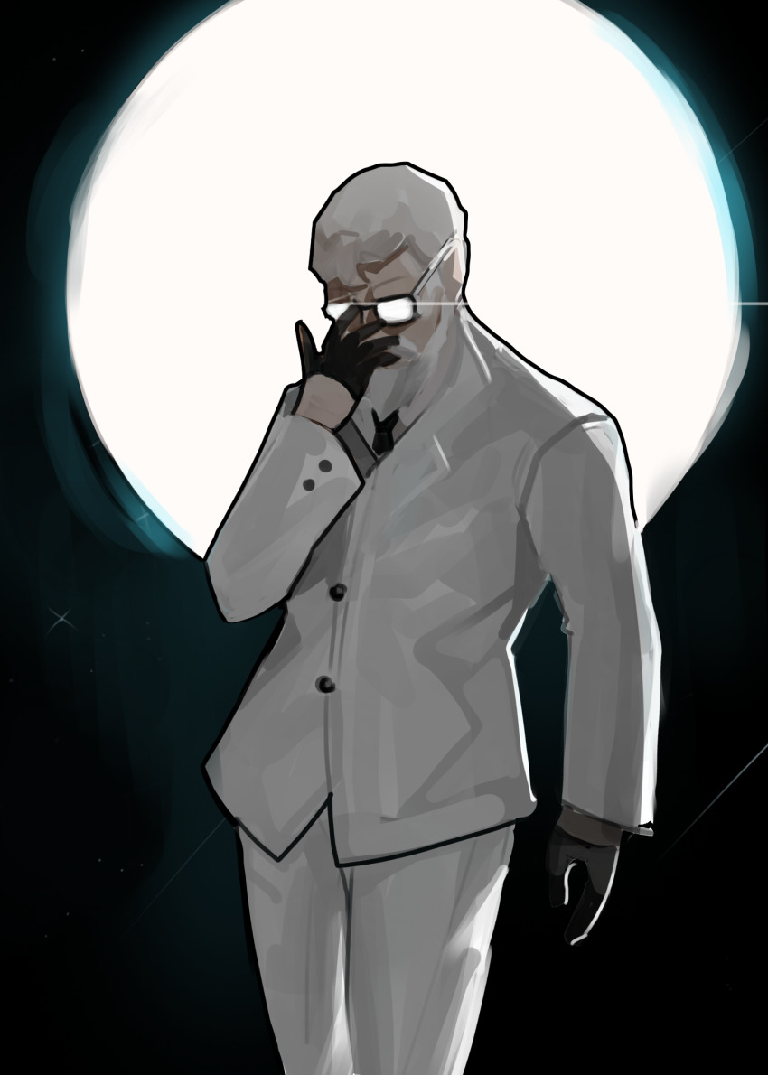 1boy adjusting_eyewear beard black-framed_eyewear black_gloves black_necktie collared_shirt colonel_sanders commentary dokomon english_commentary facial_hair facing_viewer formal_clothes glasses gloves glowing_glasses half_gloves highres jacket kfc male_focus mustache necktie opaque_glasses open_clothes open_jacket pants shirt solo suit white_hair white_jacket white_pants white_shirt
