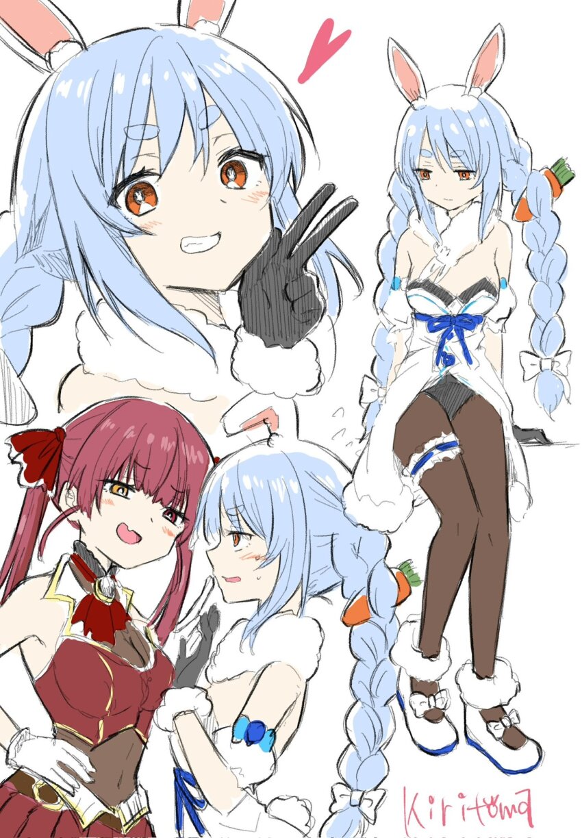 2girls :d animal_ear_fluff animal_ears bare_shoulders black_gloves black_leotard blue_hair bow braid breasts brown_leotard brown_pantyhose carrot_hair_ornament commentary_request covered_navel cropped_jacket detached_sleeves don-chan_(usada_pekora) dress fang food-themed_hair_ornament fur-trimmed_dress fur-trimmed_gloves fur_trim gloves hair_bow hair_ornament hand_on_own_hip heart heterochromia highres hololive houshou_marine houshou_marine_(1st_costume) jacket kiritoma leotard leotard_under_clothes long_hair medium_breasts multiple_girls open_mouth orange_eyes pantyhose pleated_skirt puffy_short_sleeves puffy_sleeves rabbit-shaped_pupils rabbit_ears red_eyes red_hair red_jacket red_skirt shoes short_sleeves signature simple_background skirt sleeveless sleeveless_jacket smile strapless strapless_dress strapless_leotard symbol-shaped_pupils twin_braids twintails usada_pekora usada_pekora_(1st_costume) very_long_hair white_background white_bow white_dress white_gloves white_shoes white_sleeves