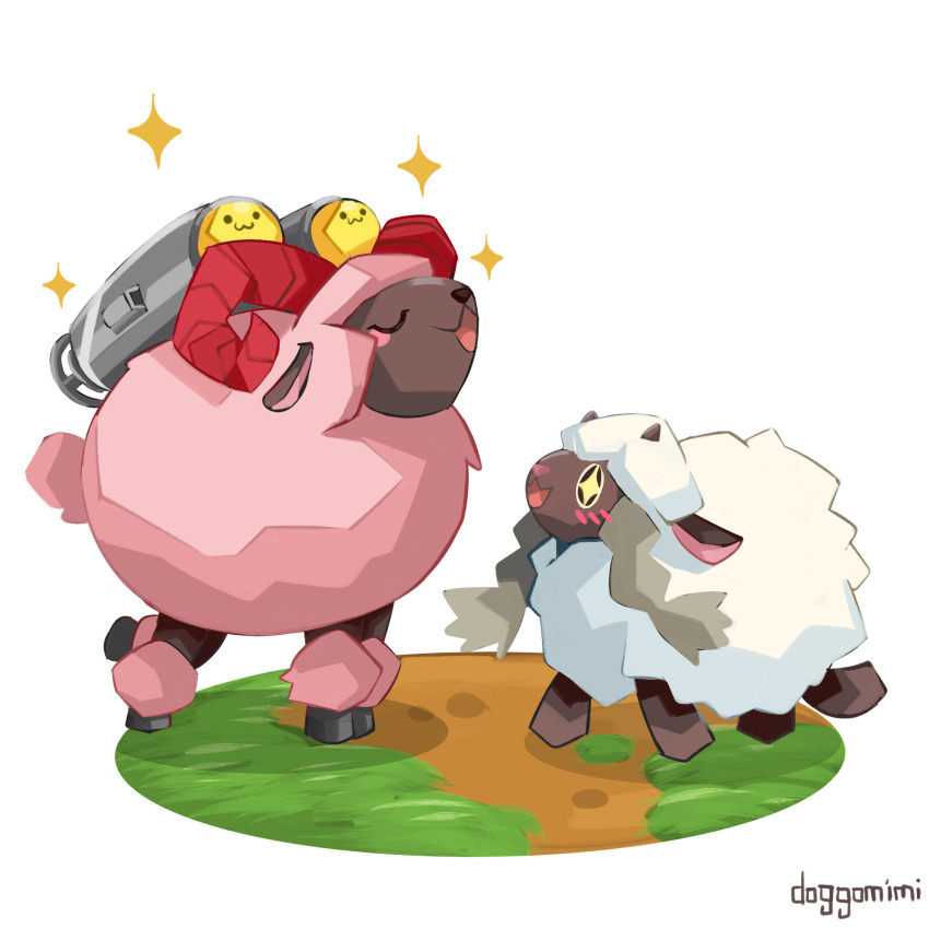 blush cannon digimon digimon_(creature) gen_8_pokemon grass highres looking_at_another nintendo pokemon pokemon_(creature) sheep sheepmon smile sparkle wooloo