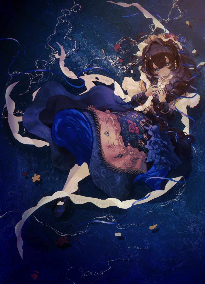 1girl absurdres black_cloak black_dress black_hair black_shoes blue_eyes cloak dark-skinned_female dark_background dark_skin dress fatutu floating floral_print floral_print_dress full_body hands_up highres lace-trimmed_cloak long_dress long_hair looking_at_viewer mrruaaa official_alternate_costume print_dress reverse:1999 shoes socks solo spanish_clothes white_socks