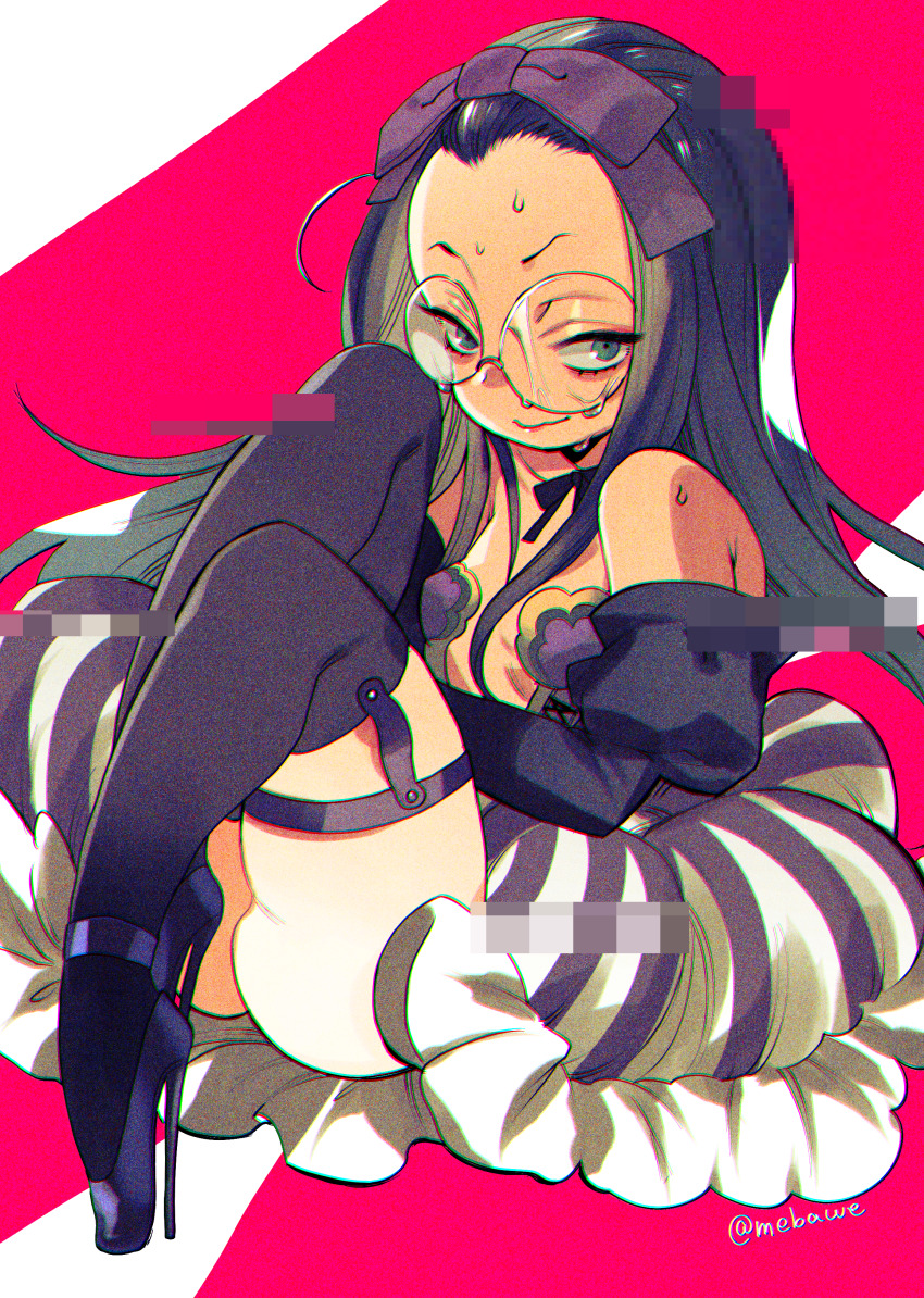 1girl absurdres aged_down ass bangs_pinned_back bare_shoulders black_hair blue_eyes bow breasts closed_mouth commentary_request detached_sleeves film_grain forehead full_body genderswap genderswap_(mtf) glasses hair_bow hayasaka high_heels highres ho_laga knees_up legwear_garter long_hair looking_at_viewer nervous_sweating plantar_flexion purple_bow purple_skirt purple_sleeves purple_thighhighs rance_(series) red_background revealing_clothes round_eyewear simple_background sitting skirt small_breasts smile solo striped_clothes striped_skirt sweat thighhighs twitter_username
