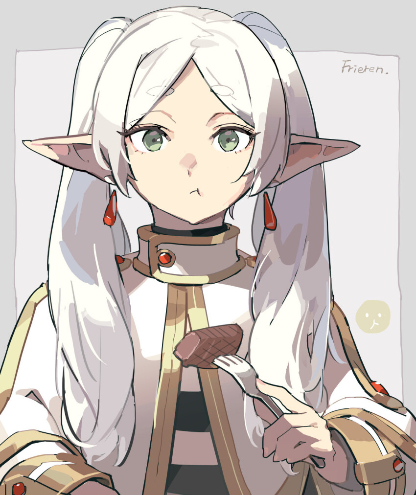 1girl capelet character_name closed_mouth commentary diagonal-striped_shirt earrings eating elf food fork frieren green_eyes highres holding holding_fork jewelry long_hair long_sleeves looking_at_viewer parted_bangs pointy_ears sidelocks solo sousou_no_frieren steak teardrop_earrings tennohi twintails upper_body white_capelet white_hair