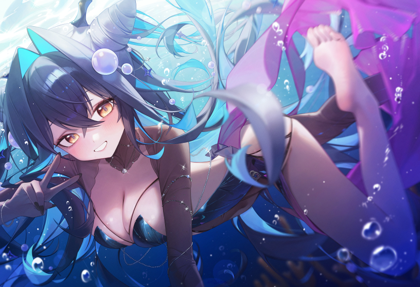1girl absurdres air_bubble black_hair blue_hair breasts bubble cleavage colored_inner_hair cone_hair_bun goddess_of_victory:_nikke hair_between_eyes hair_bun hair_intakes highres leotard light_blush little_mermaid_(abyss_flower)_(nikke) little_mermaid_(nikke) long_hair looking_at_viewer medium_breasts multicolored_hair s0104y smile solo two-tone_hair underwater v yellow_eyes