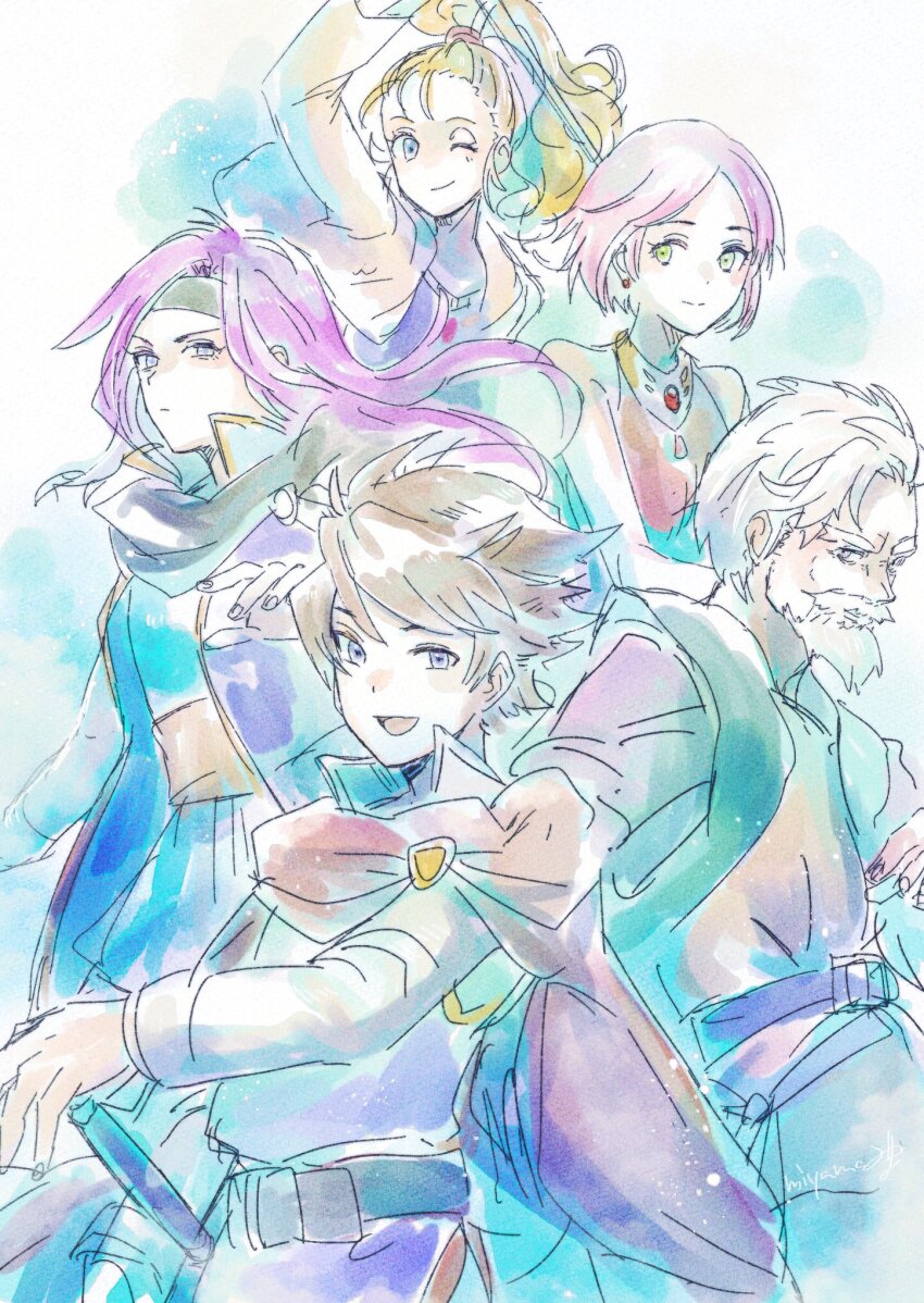 2boys 3girls bartz_klauser blonde_hair blue_eyes brown_hair cape closed_mouth commentary dress earrings faris_scherwiz final_fantasy final_fantasy_v green_eyes highres jewelry krile_mayer_baldesion_(ff5) lenna_charlotte_tycoon long_hair looking_at_viewer miyama_(lacrima01) multiple_boys multiple_girls one_eye_closed open_mouth pink_hair ponytail purple_hair short_hair smile sword weapon