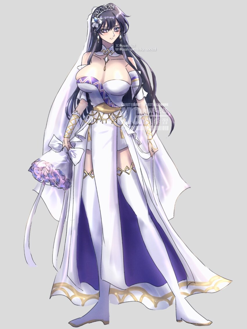 1girl asan5528 ayra_(fire_emblem) black_hair blush borrowed_clothes bouquet bridal_veil bride brooch choker dress earrings fire_emblem fire_emblem:_genealogy_of_the_holy_war fire_emblem_heroes flower grey_background highres holding holding_bouquet jewelry larcei_(bride_of_astra)_(fire_emblem) larcei_(fire_emblem) long_hair looking_at_viewer nintendo pelvic_curtain simple_background solo standing strapless strapless_dress thighhighs vambraces veil wedding_dress white_dress